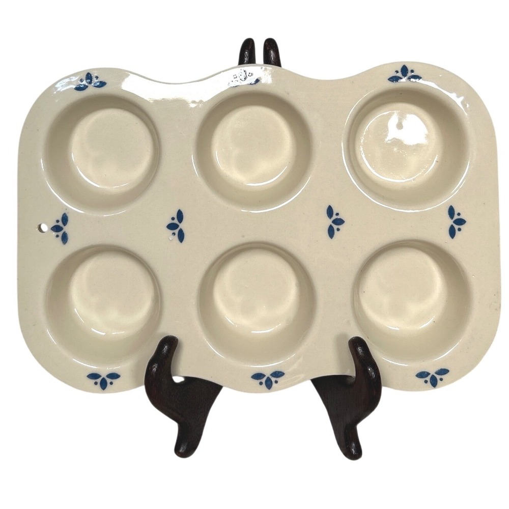Friendship Pottery Blue Flower Cream Stoneware 6 Cup Muffin Pan Heart Wall Decor - Picture 2 of 5